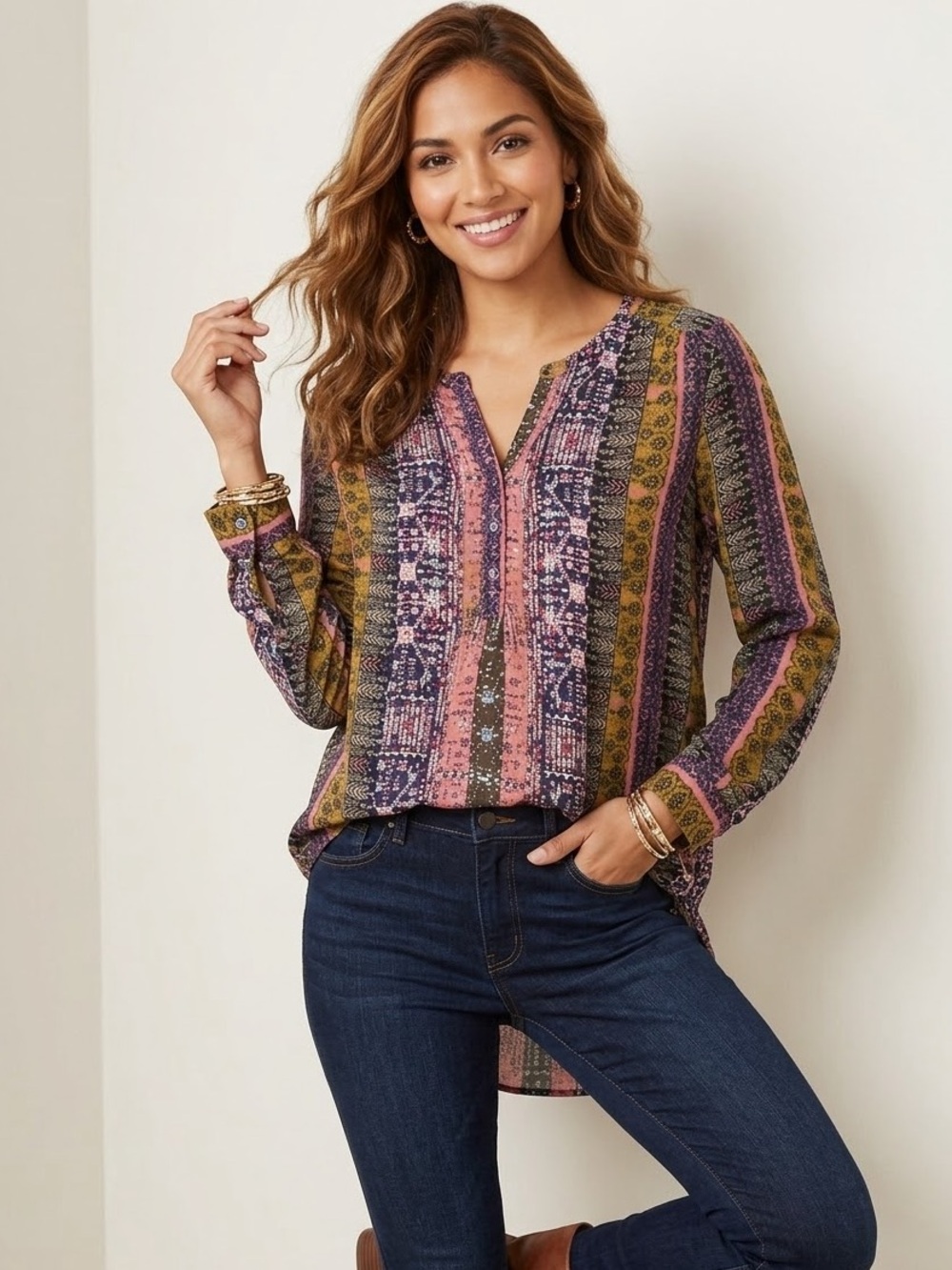 Nine West Jeans Womens Boho Mixed Print Tunic Blouse Size L Long Sleeve Top